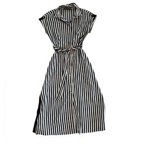 Striped Navy and White Midi Dress with Rose colored buttons.